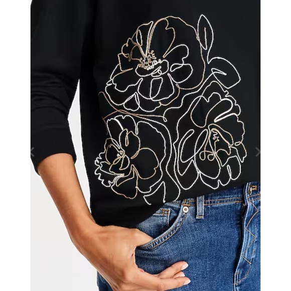 JJill Black Embroidered Floral Crewneck Sweatshirt Women's M - Picture 3 of 7